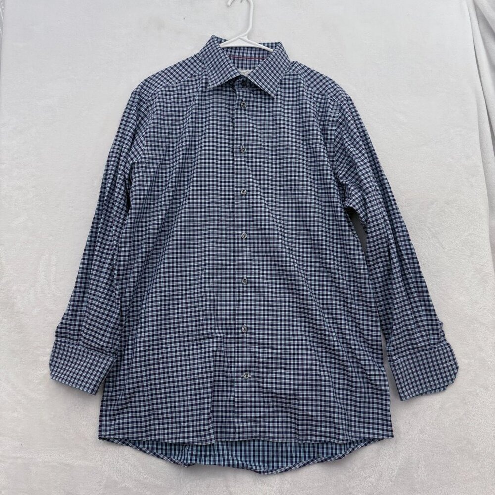 Eton Dress Shirt Men 44 17.5 Blue Plaid Slim Business Casual Button Up